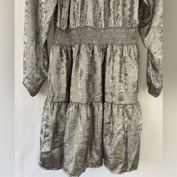 Gap Metallic Silver Smocked Shine Splitneck Mini Dress Available in Med or Large - Picture 7 of 10